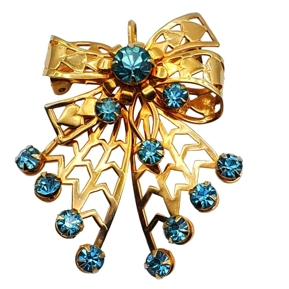 Blue Rhinestone Ribbon Brooch Gold Tone Pendant Dangle Pin Bow Arrow 40s Vintage